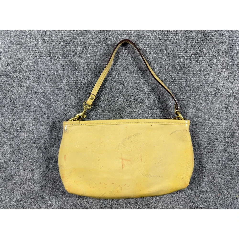 Vintage Coach Yellow Patent Leather Small Wristlet Bag Purple Lining Gold Logo
